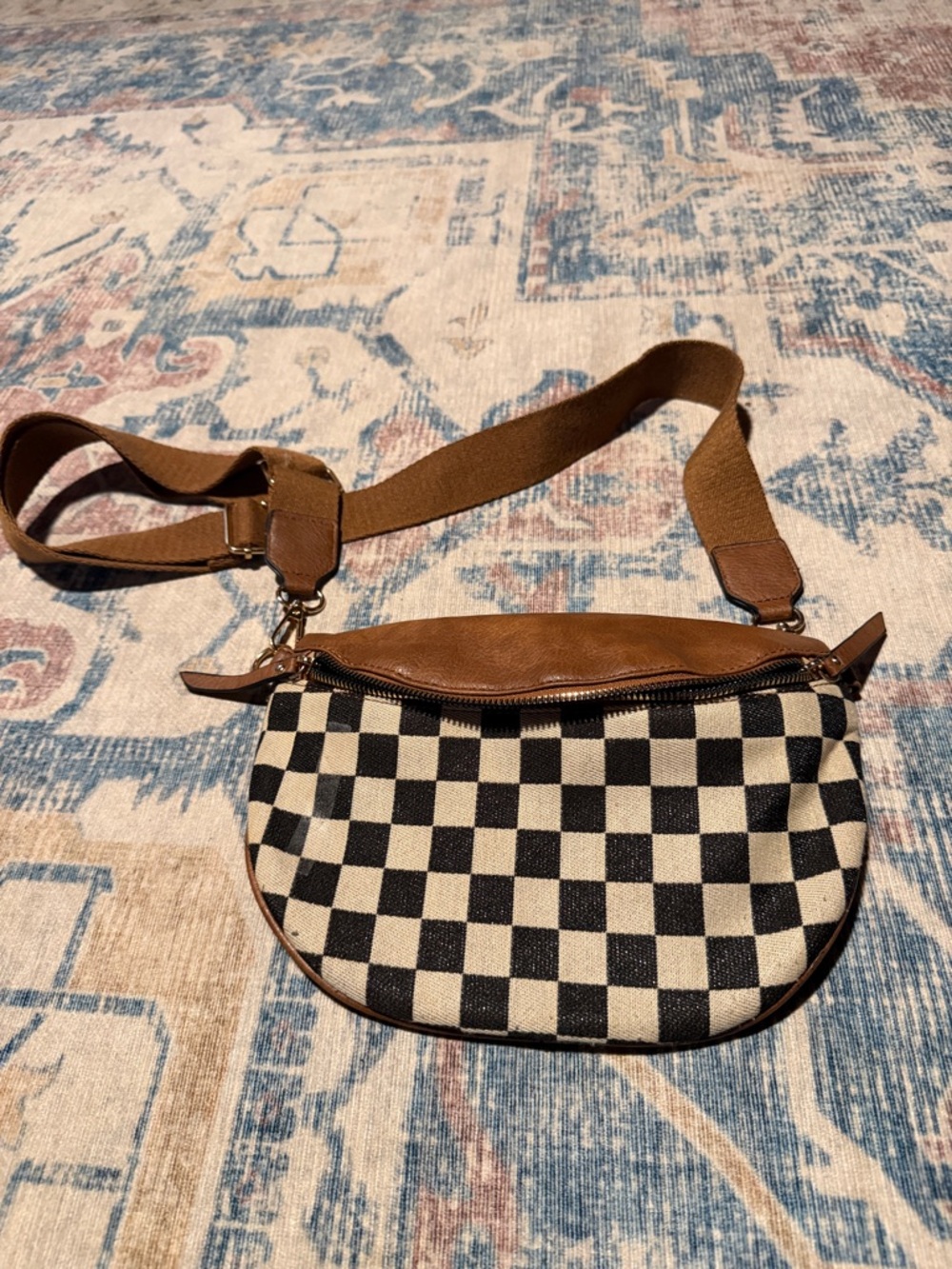 Checker Canvas Crossbody with Brown Leather Trim